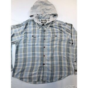 Red Snap Hooded Flannel Shirt Mens XXL Blue Plaid Button Up Cotton Hooded Casual